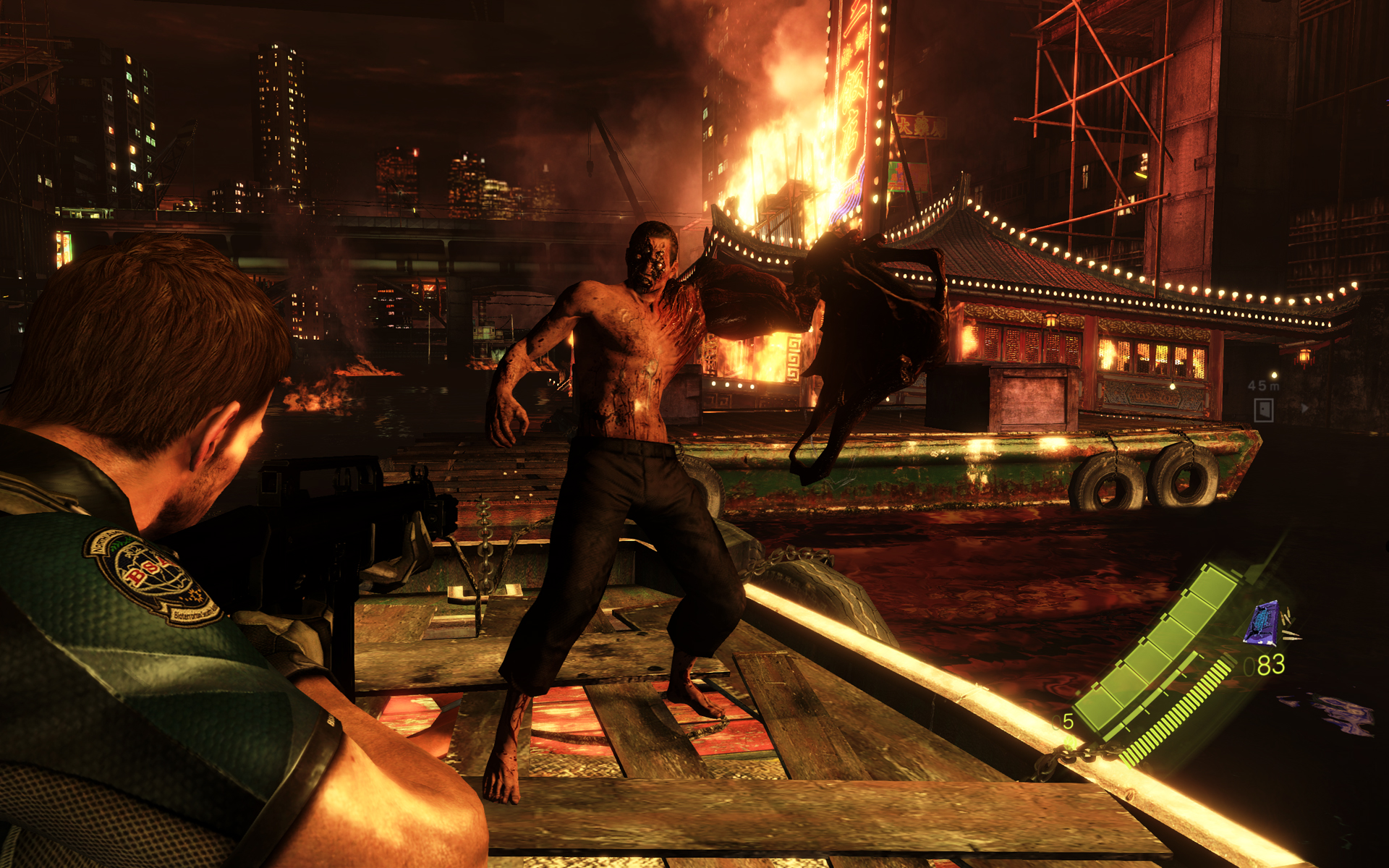 A screencap of Resident Evil 6 (2012): At a dock in a burning city, an over-the-shoulder camera sees Chris Redfield point an assault rifle at the stomach of a man with a heavily mutated left arm, a houseboat with a pointed roof is ablaze in the background
